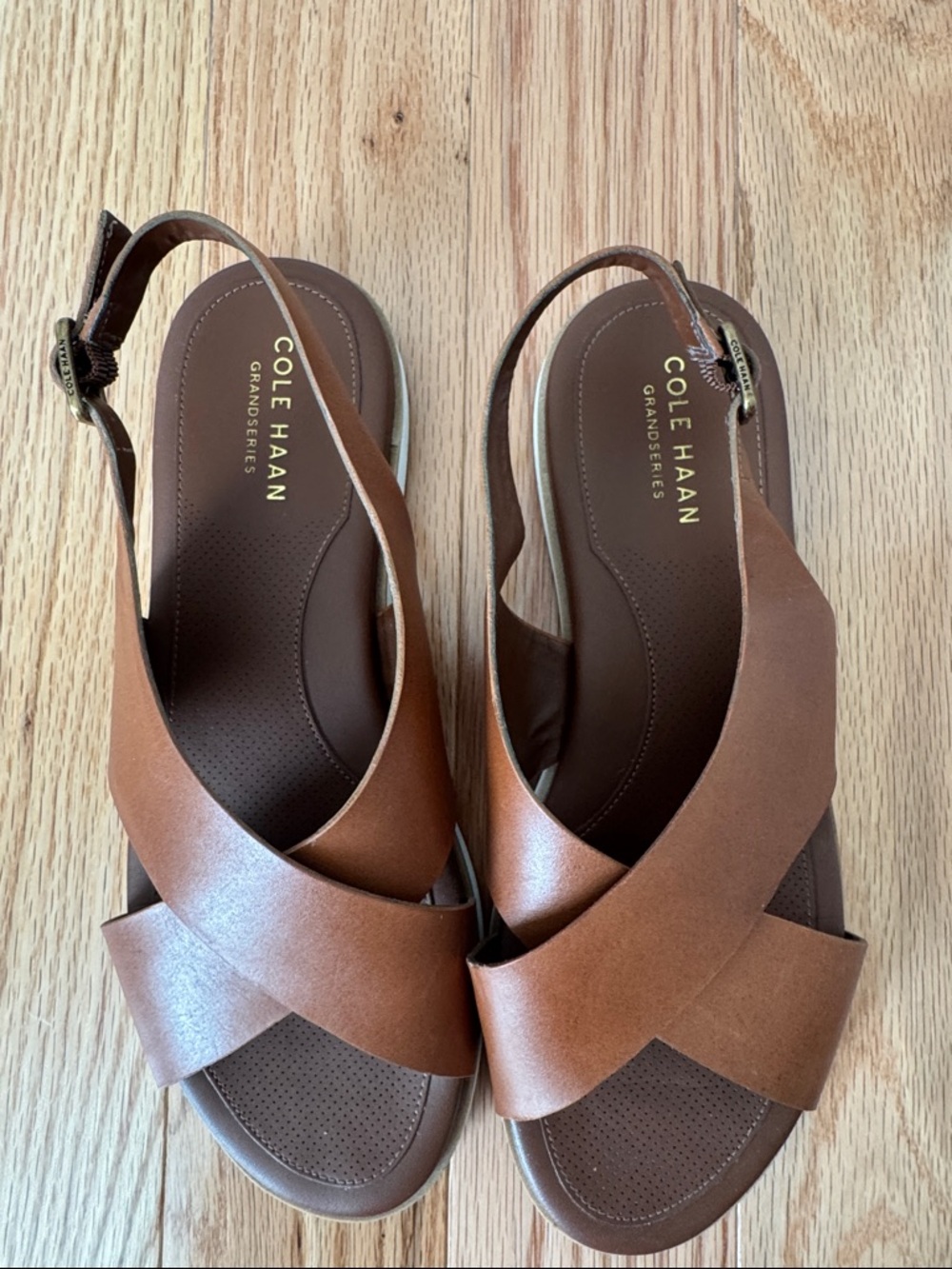 Cole Haan Tan Brown Leather Cross‑Strap Slingback Sandals